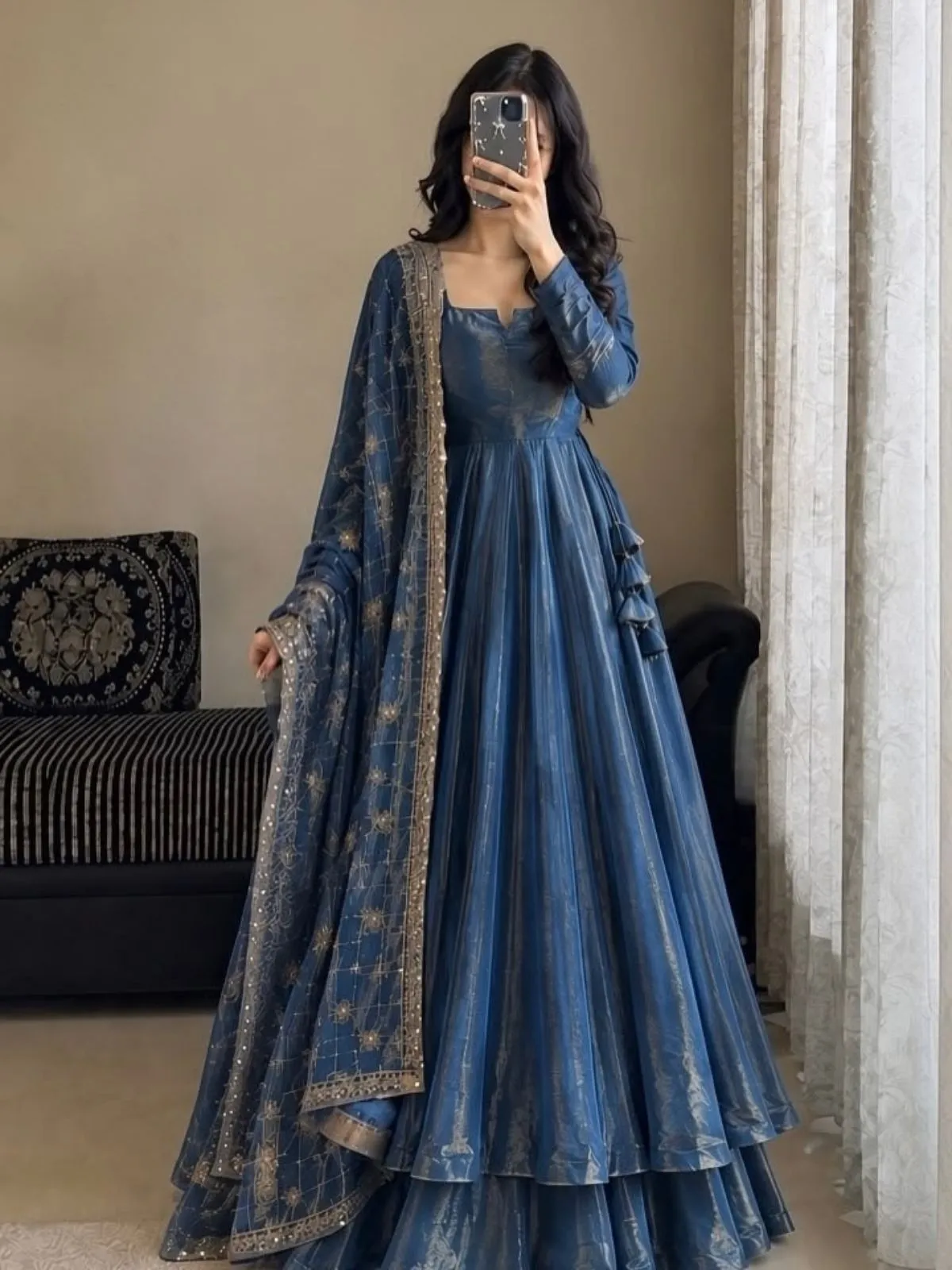 Slate Blue Anarkali Suit with Embroidered Dupatta Set