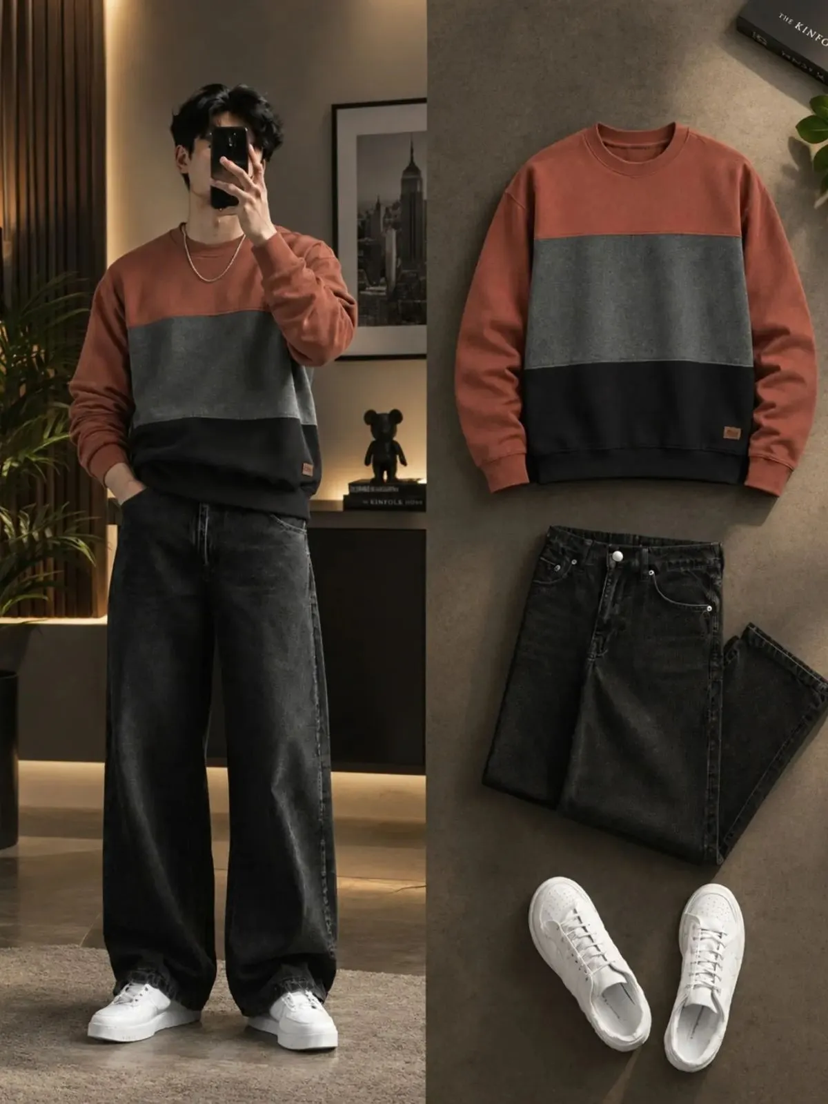 Maroon Graphic Pullover Sweatshirt and Dark Grey Wide-Leg Denim Set - Image 2