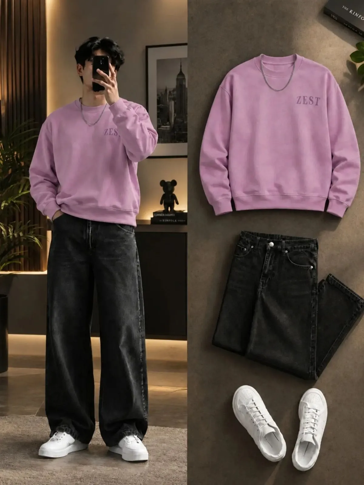 Maroon Graphic Pullover Sweatshirt and Dark Grey Wide-Leg Denim Set - Image 4