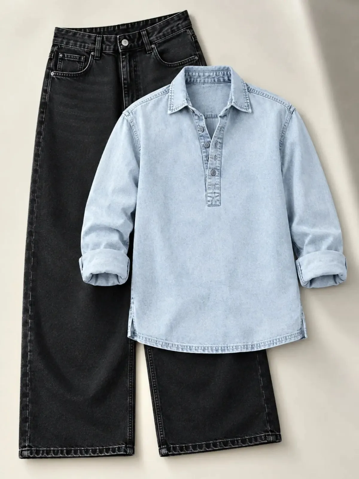 Indigo Denim Pullover Shirt and Charcoal Black Pant Set - Image 4