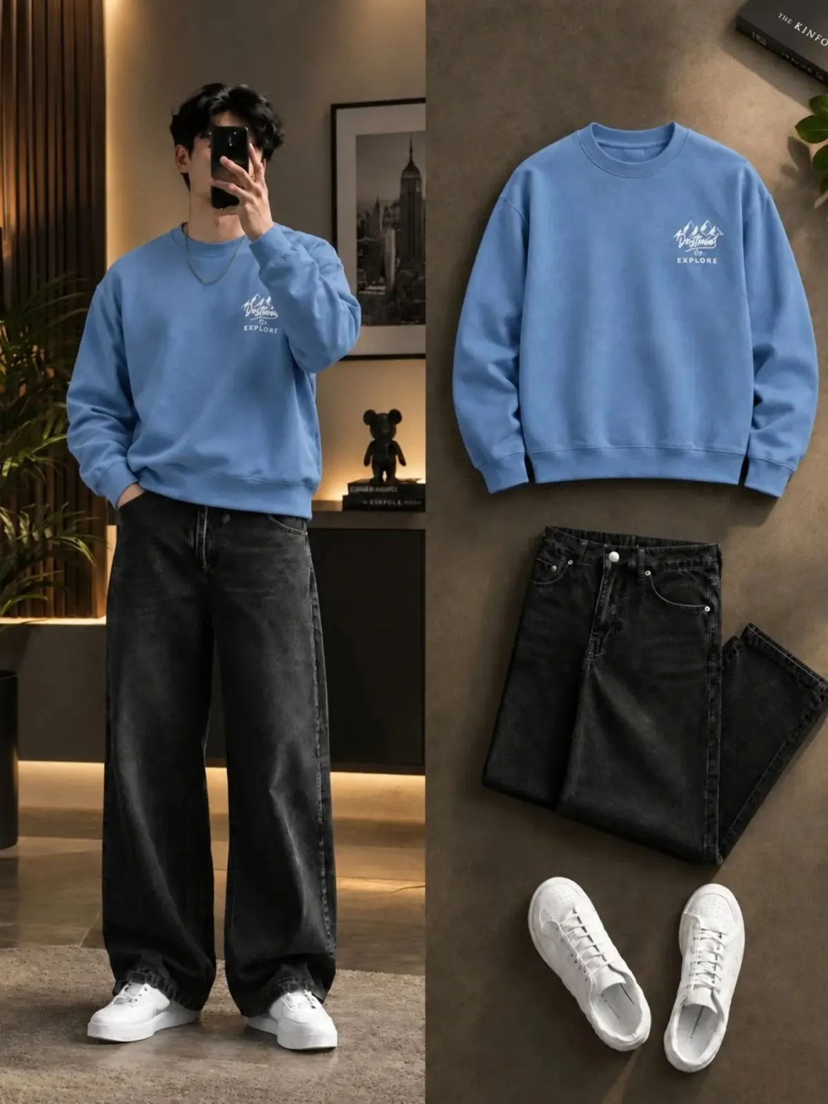 Maroon Graphic Pullover Sweatshirt and Dark Grey Wide-Leg Denim Set - Image 3