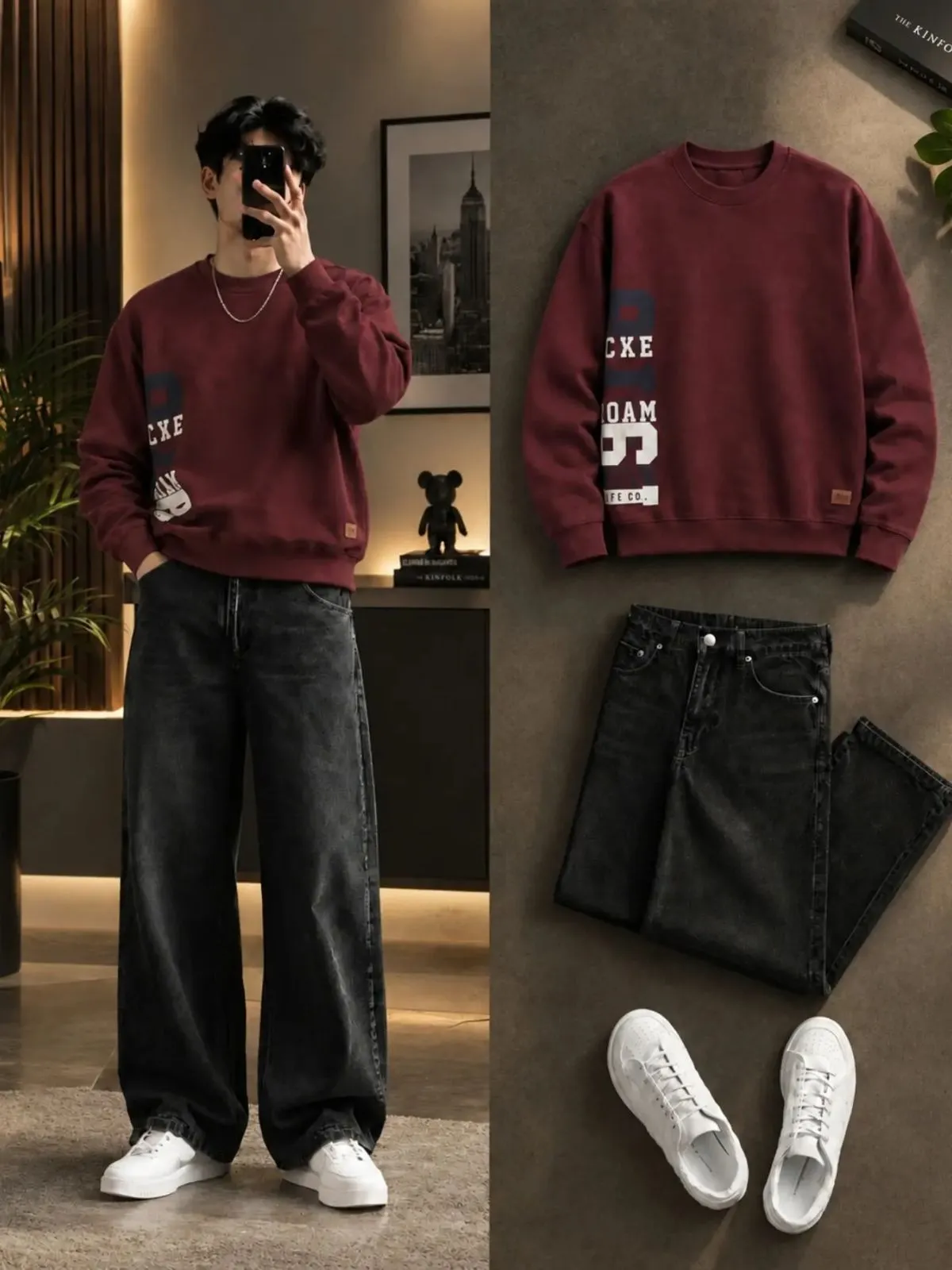 Maroon Graphic Pullover Sweatshirt and Dark Grey Wide-Leg Denim Set