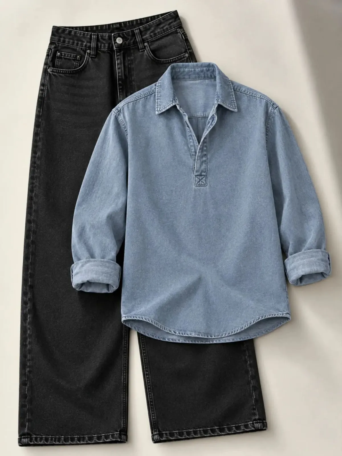Indigo Denim Pullover Shirt and Charcoal Black Pant Set - Image 2