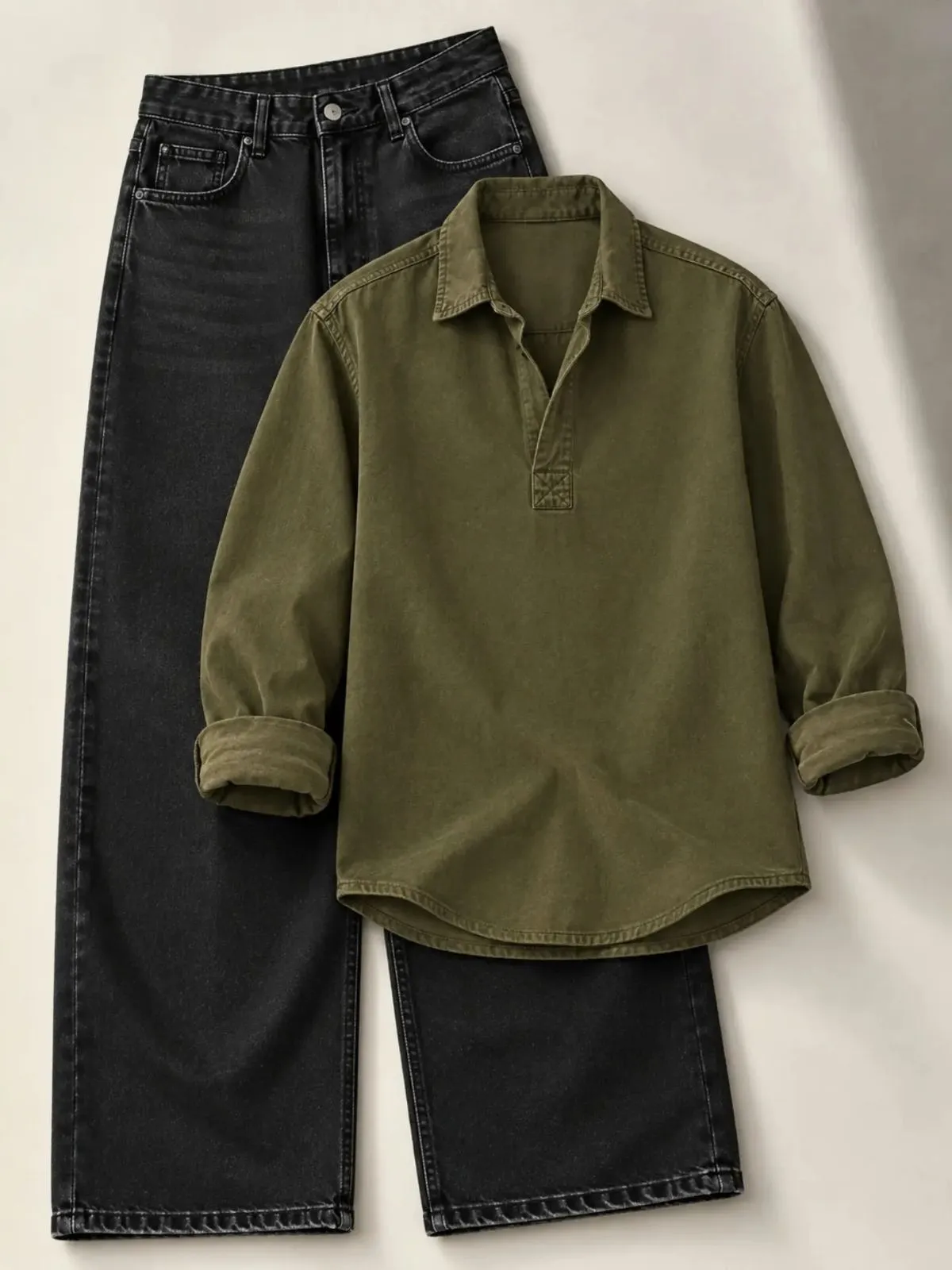 Indigo Denim Pullover Shirt and Charcoal Black Pant Set - Image 3