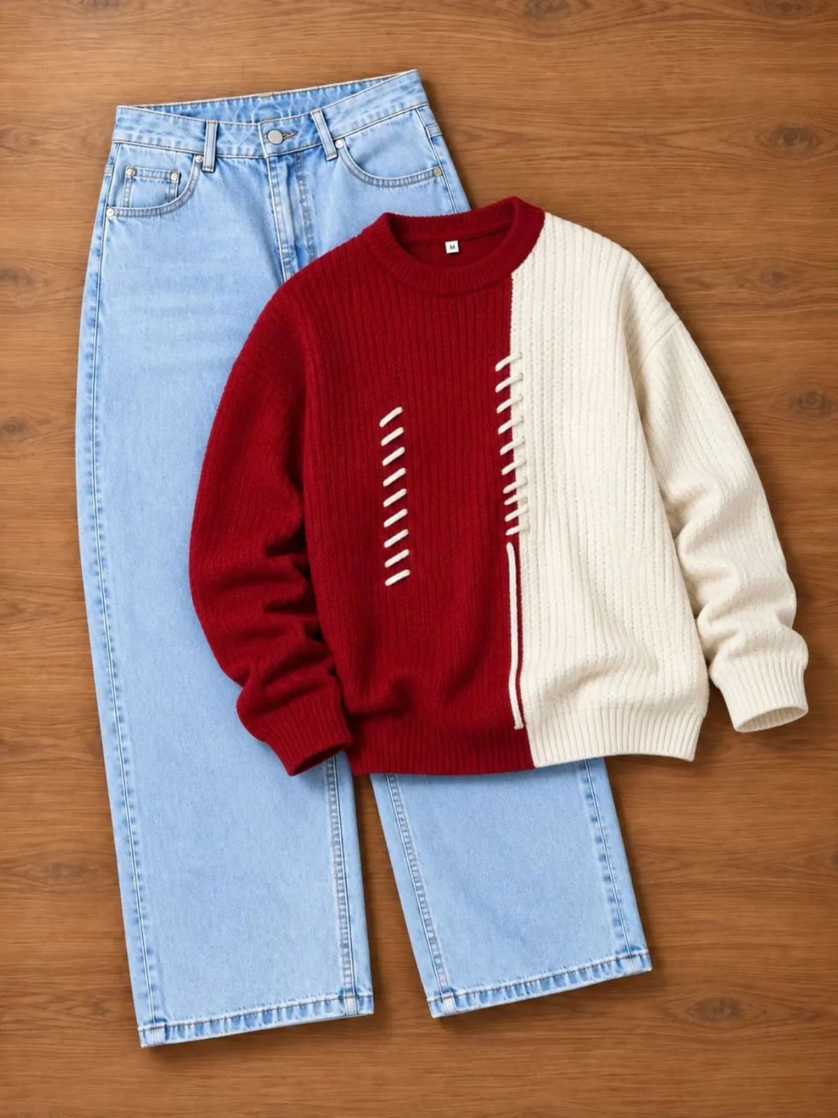 Colorblock Snoopy Plush Knit Sweater and Light Blue Denim Set - Image 4