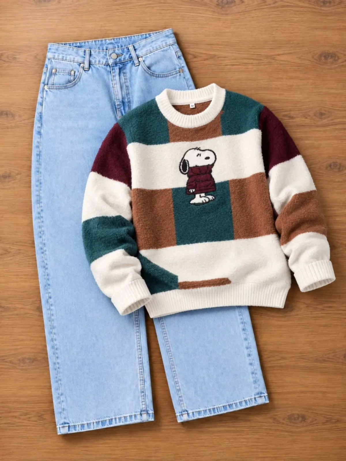 Colorblock Snoopy Plush Knit Sweater and Light Blue Denim Set
