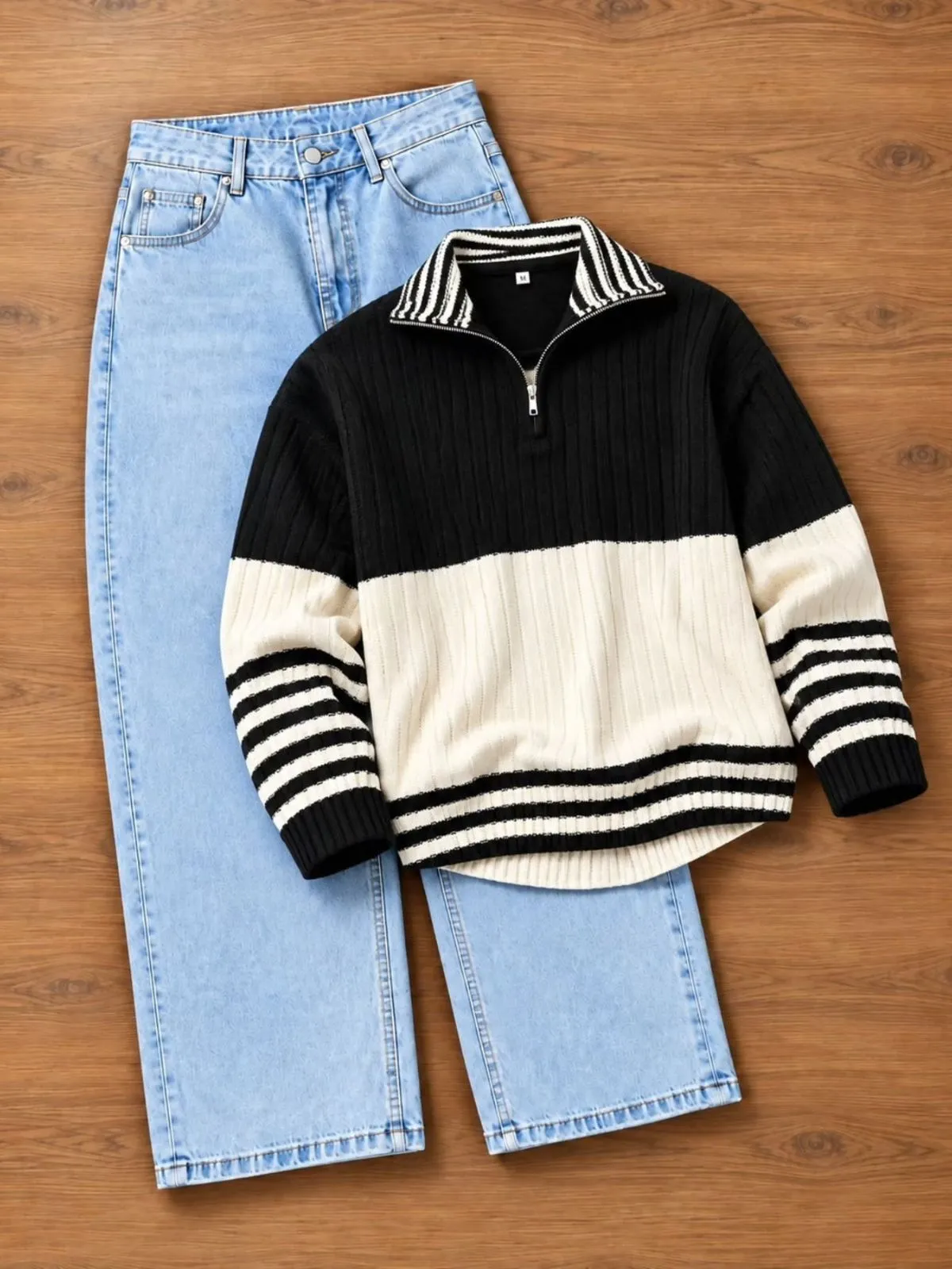 Colorblock Snoopy Plush Knit Sweater and Light Blue Denim Set - Image 2