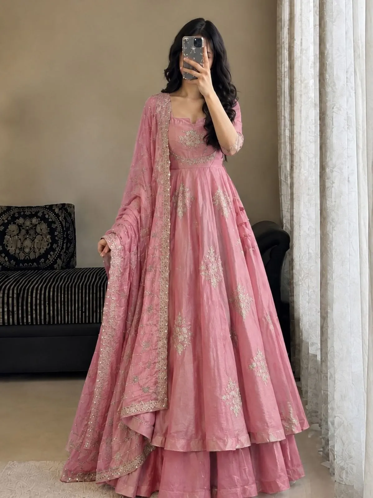 Slate Blue Anarkali Suit with Embroidered Dupatta Set - Image 5