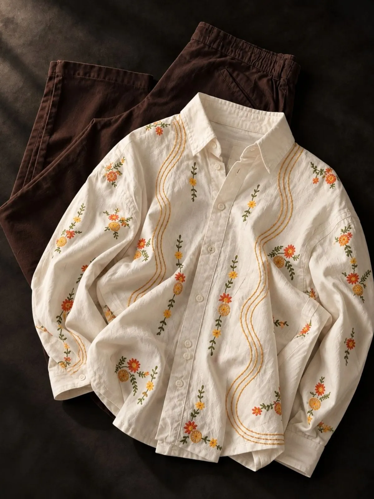 Maroon Shoulder Embroidery Shirt and Off-White Trouser Set - Image 2
