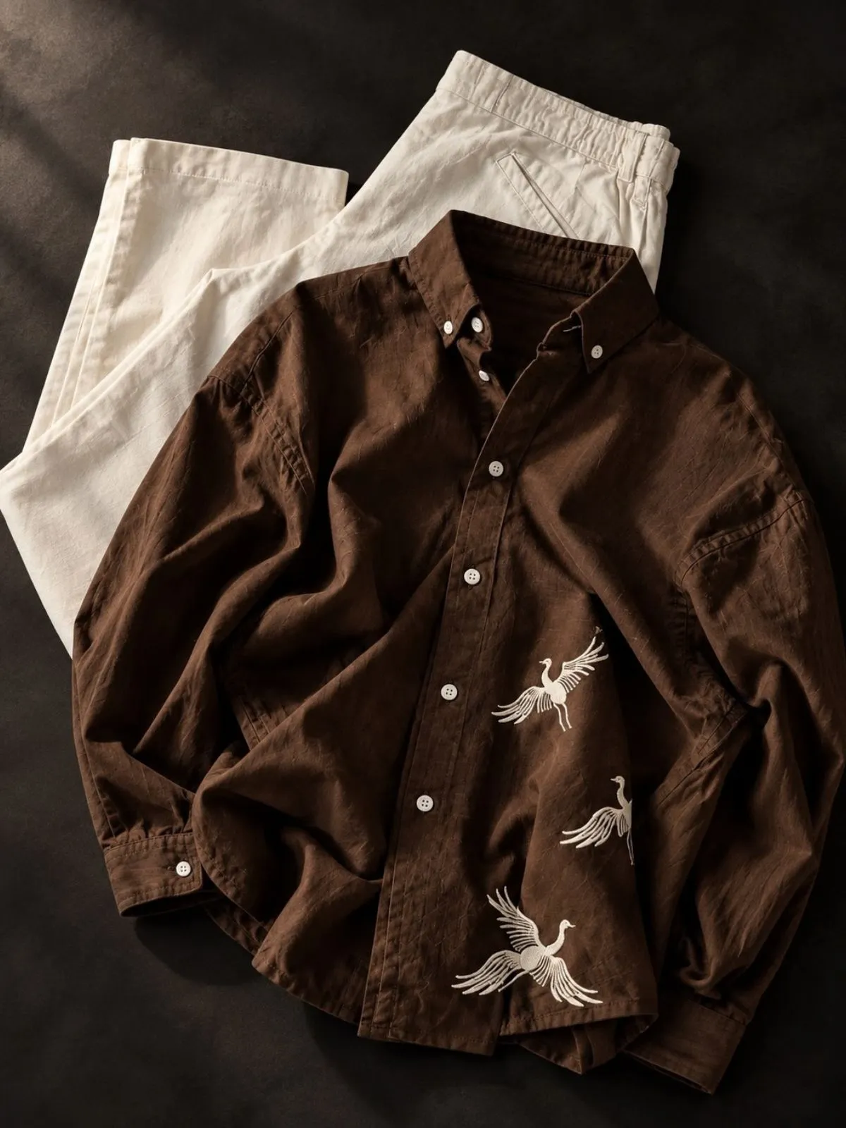 Maroon Shoulder Embroidery Shirt and Off-White Trouser Set - Image 3