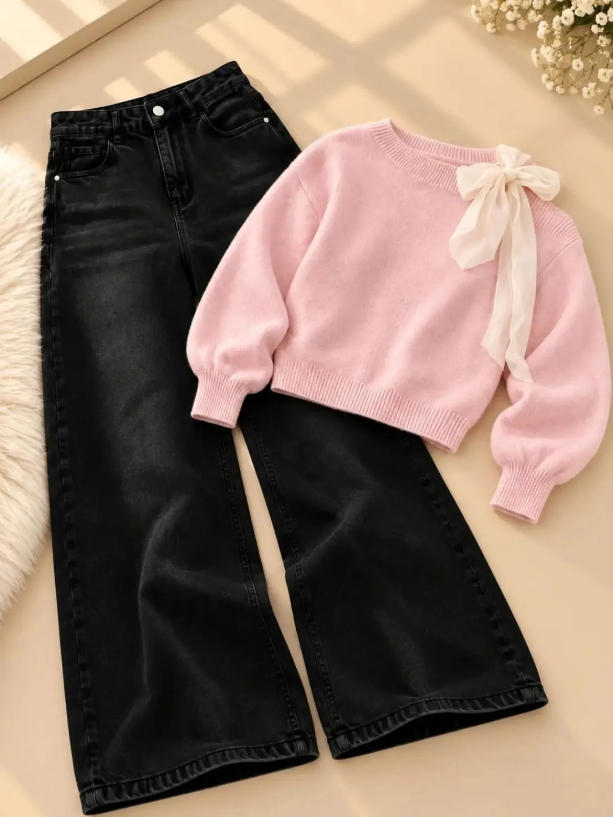 Striped Lace-Up Knit Top and Charcoal Wide-Leg Denim Set - Image 3