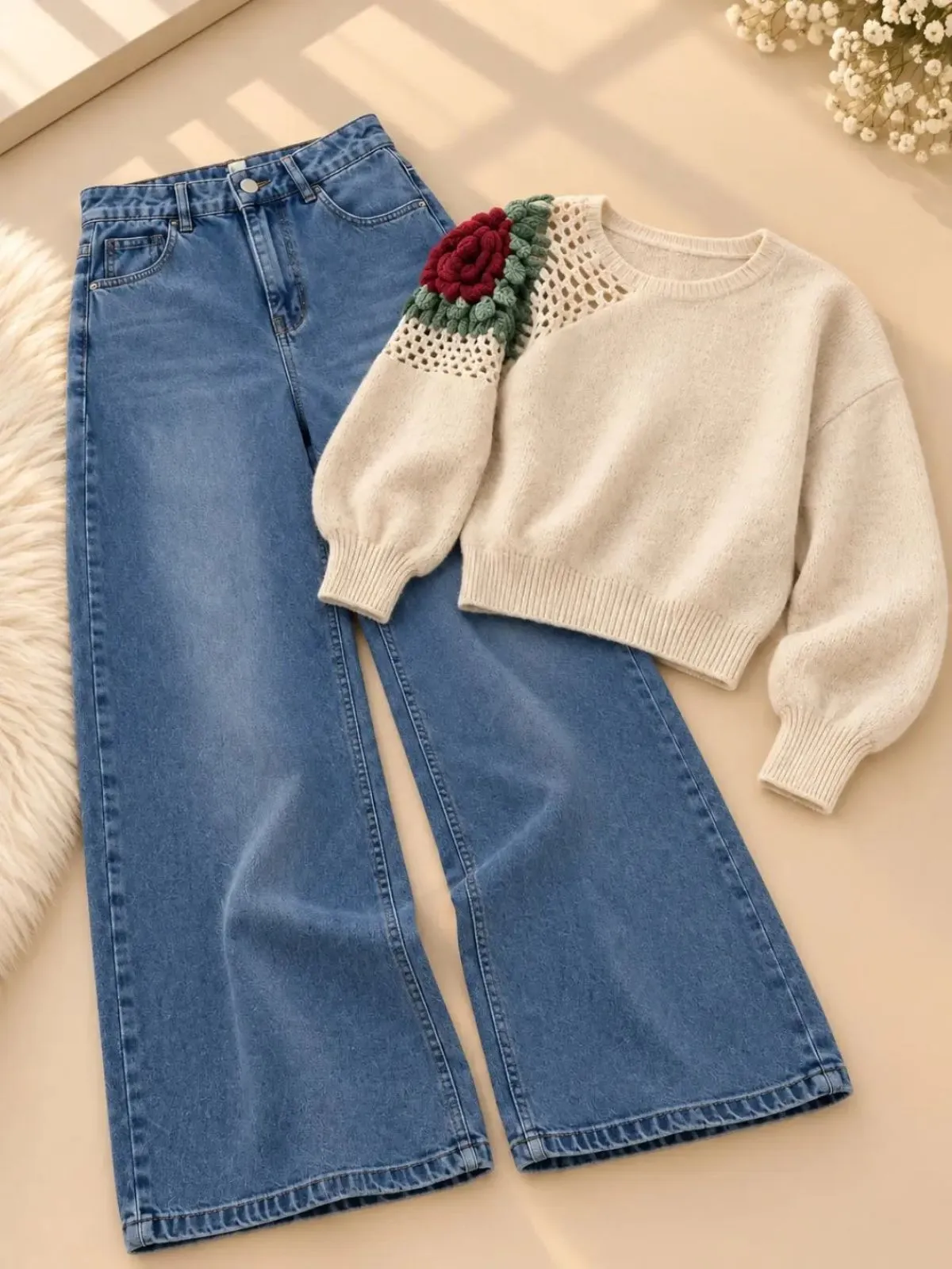 Striped Lace-Up Knit Top and Charcoal Wide-Leg Denim Set - Image 2