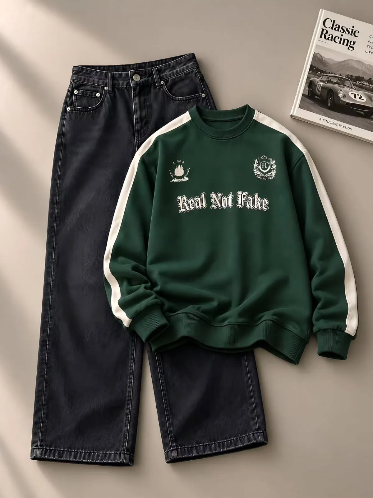 Emerald Green Typography Sweatshirt and Dark Washed Jeans Set