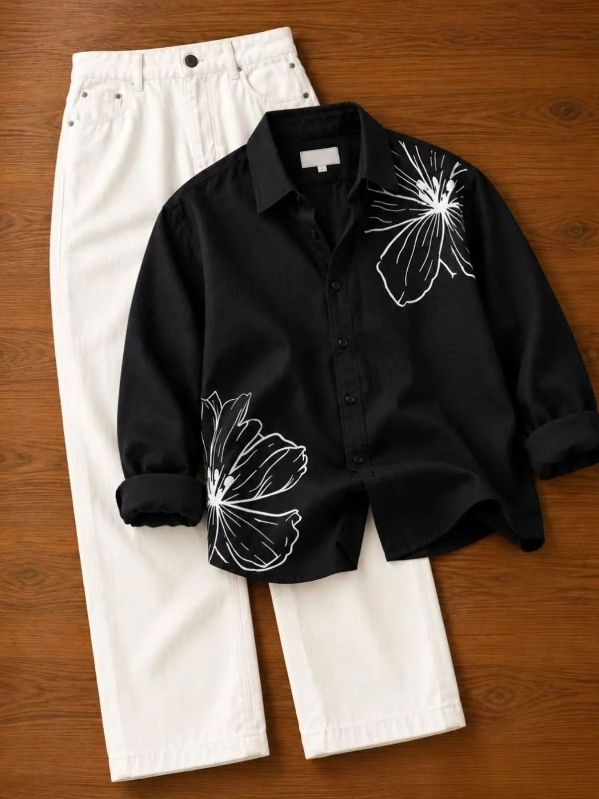 Off-White Line-Art Botanical Shirt and Pure White Denim Set - Image 2