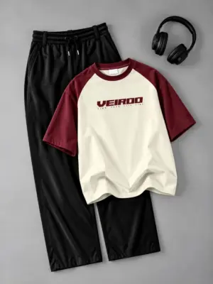 Cream and Maroon Raglan Graphic Tee with Black Drawstring Pants Set