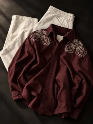 Maroon Shoulder Embroidery Shirt and Off-White Trouser Set