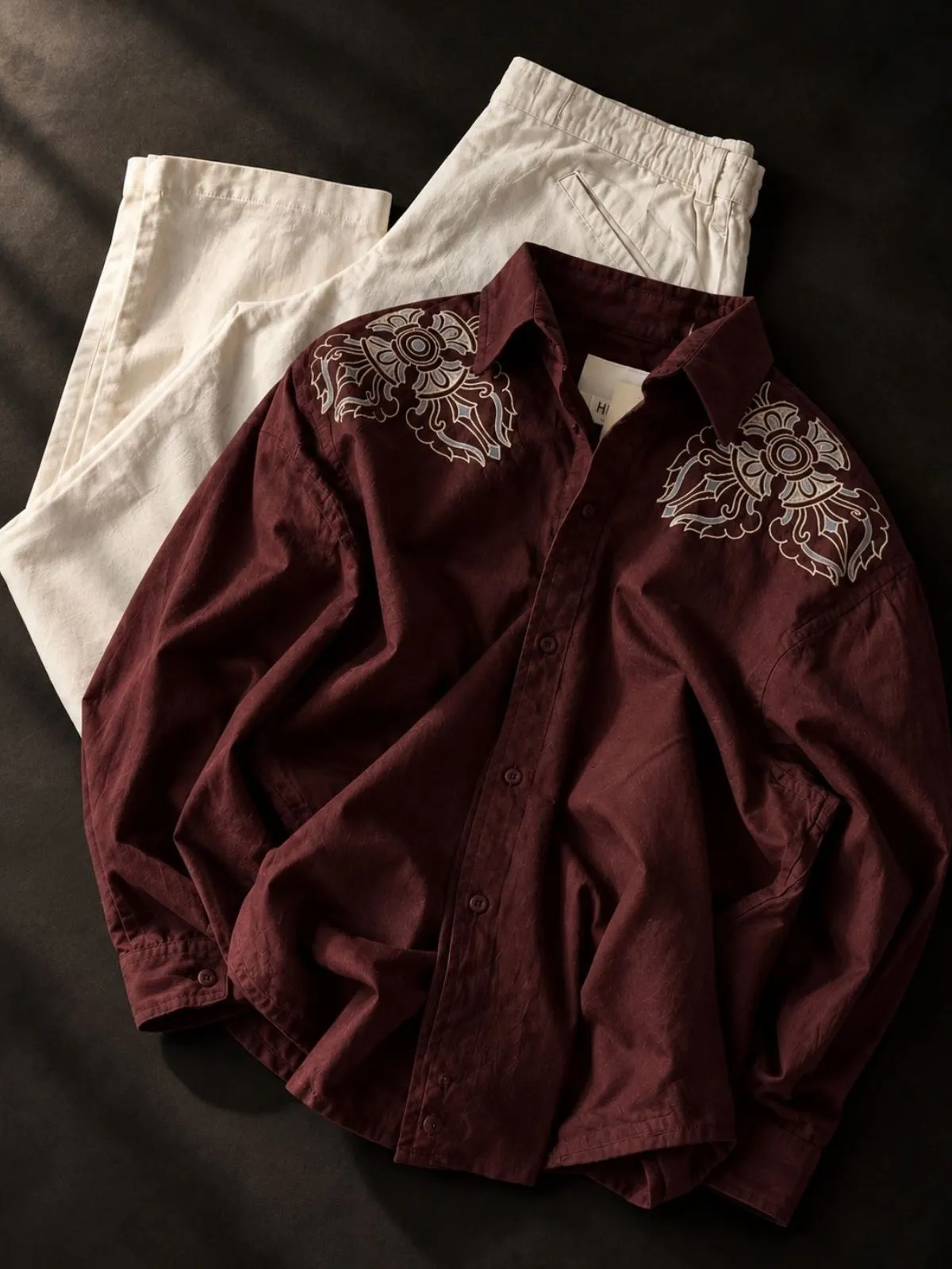 Maroon Shoulder Embroidery Shirt and Off-White Trouser Set