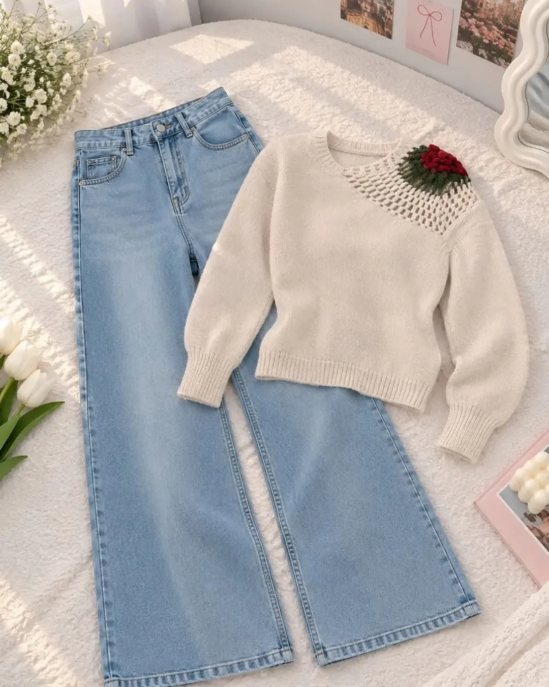 Cream and Brown Floral Knit Cardigan with Light Blue Denim Trouser Set - Image 3