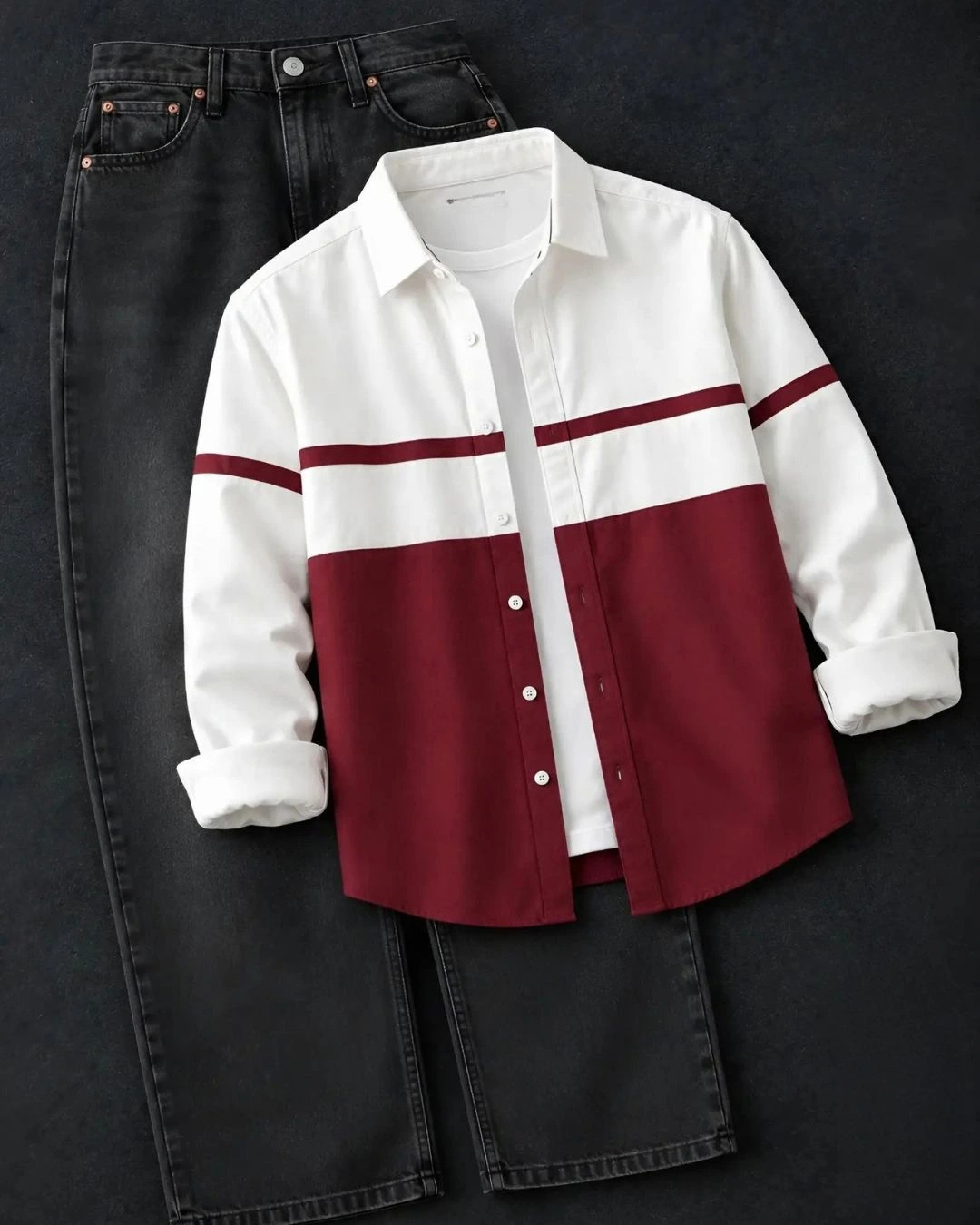 Colorblock Corduroy Overshirt and Black Denim Pant Set - Image 3