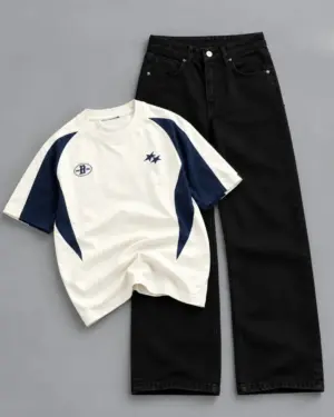 Off-White and Navy Colorblock Graphic Tee with Black Denim Trouser Set