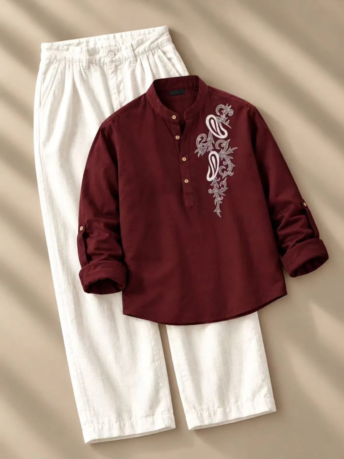 Classic Blue Denim Overshirt and Cream Linen Trouser Set - Image 3