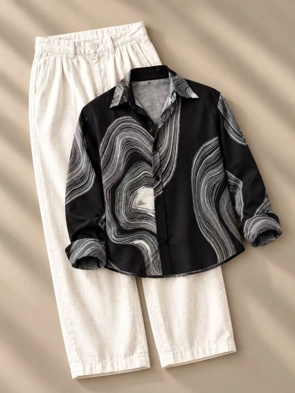 Classic Blue Denim Overshirt and Cream Linen Trouser Set - Image 4