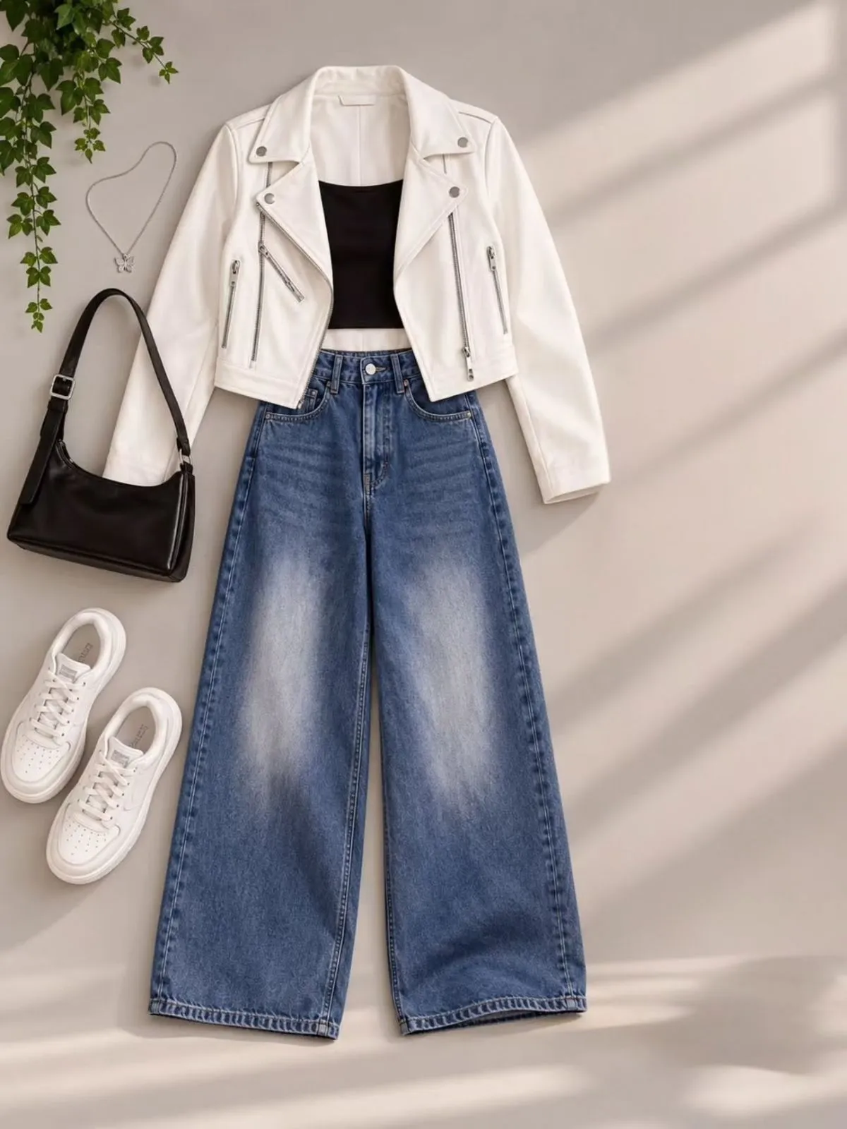 Camel Brown Suede Moto Jacket and Wide-Leg Blue Jeans Set - Image 4