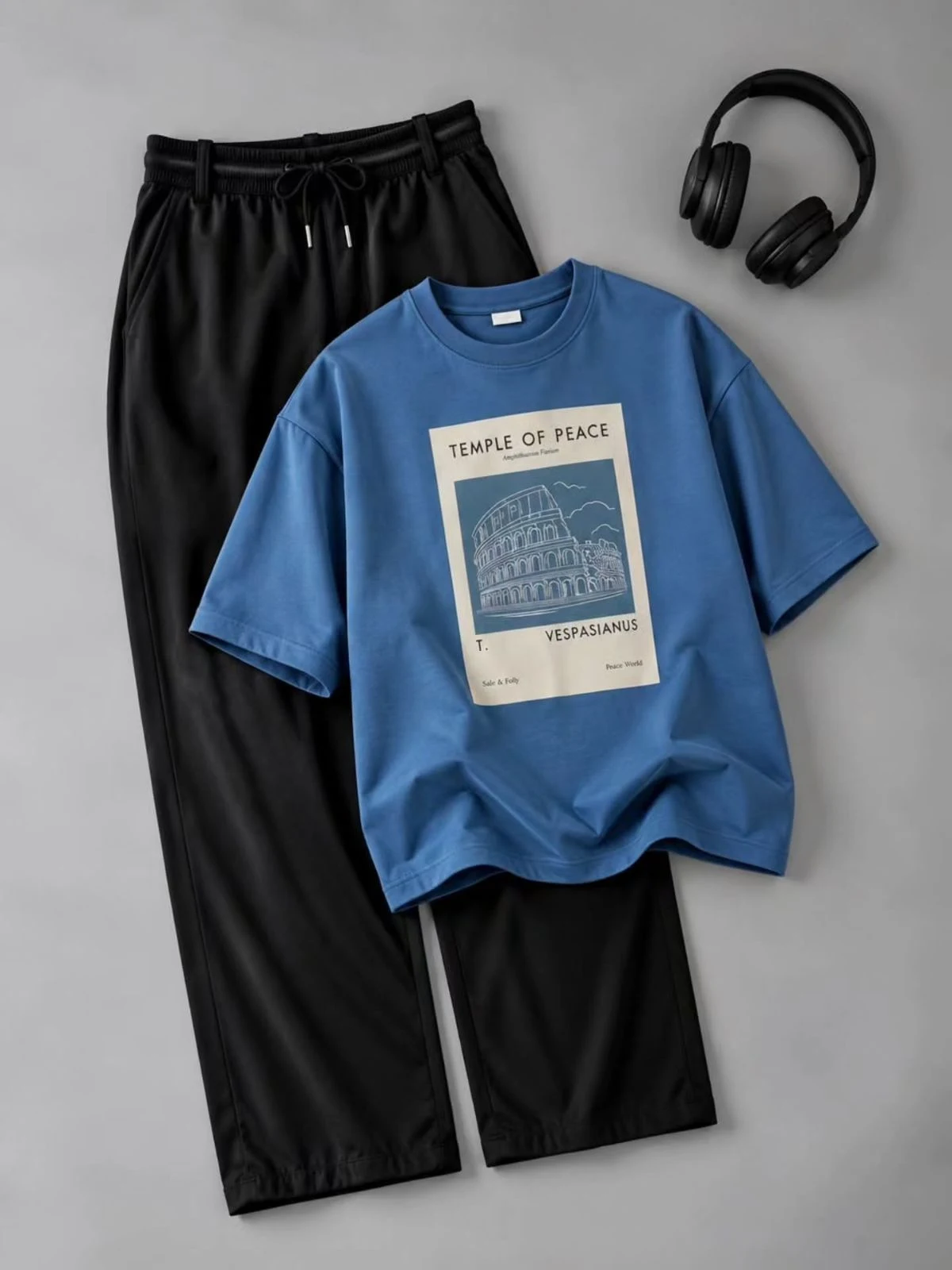 Cream Graphic Cartoon Tee and Black Drawstring Joggers Set - Image 3