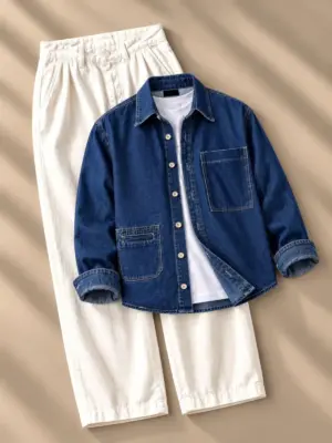 Classic Blue Denim Overshirt and Cream Linen Trouser Set