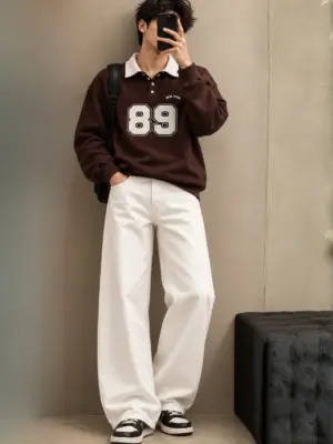 Chocolate Brown Polo Sweatshirt and Off-White Wide-Leg Trouser Set
