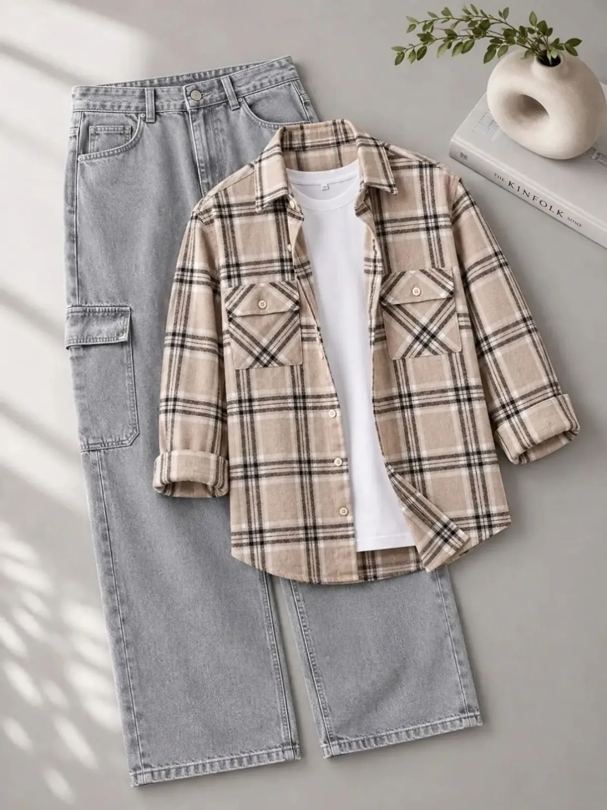 Red and Navy Plaid Flannel Shirt with Black Denim Trouser Set - Image 2