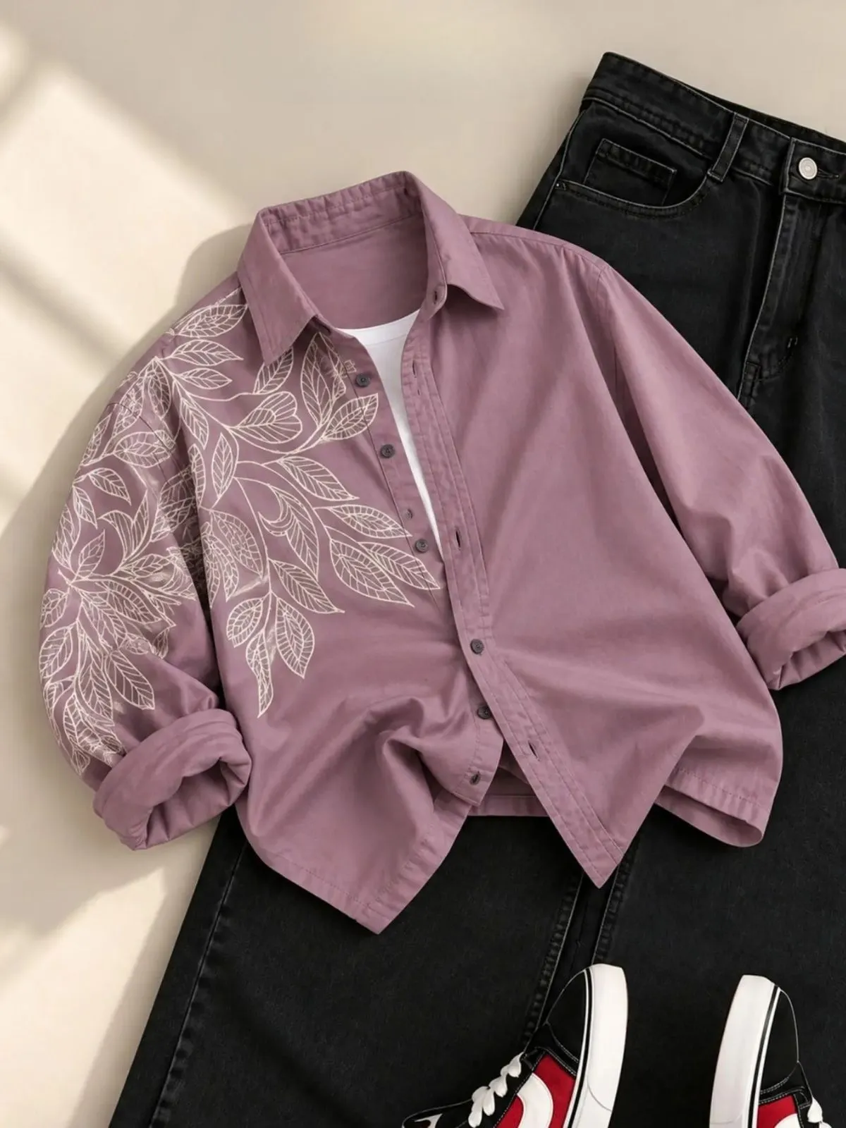 Cream Botanical Hem Embroidered Linen Shirt and Black Jeans Combo - Image 2