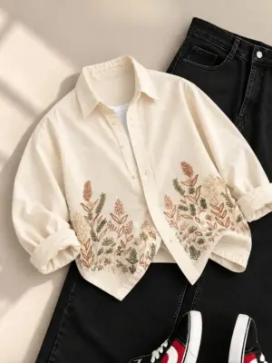 Cream Botanical Hem Embroidered Linen Shirt and Black Jeans Combo