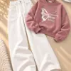 Dusty Rose Butterfly Graphic Sweatshirt and Pure White Wide-Leg Jeans Set