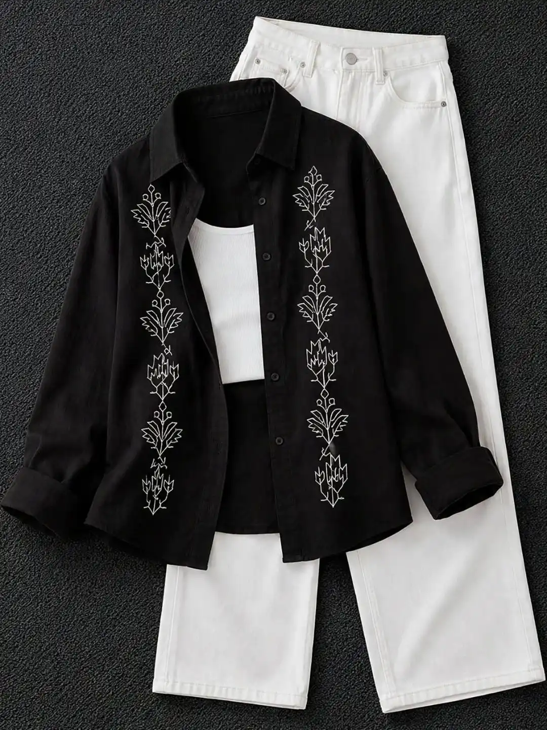 Maroon Placket Embroidered Long-Sleeve Shirt, Cami, and Trouser Three-Piece Set - Image 4
