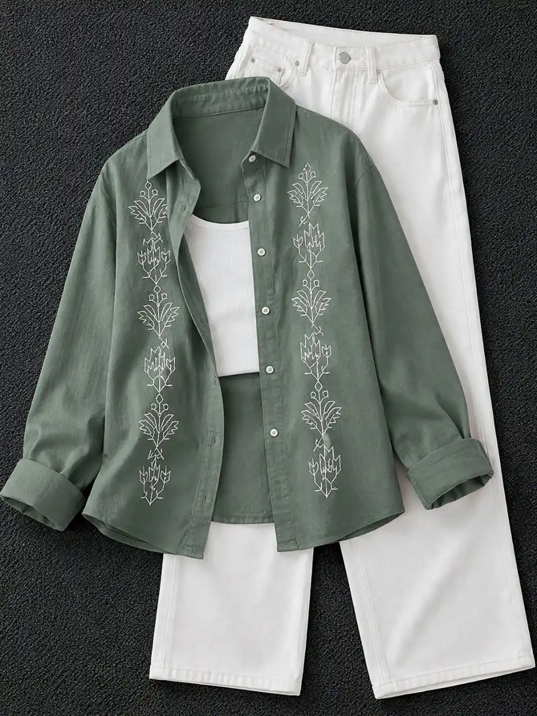 Maroon Placket Embroidered Long-Sleeve Shirt, Cami, and Trouser Three-Piece Set - Image 2