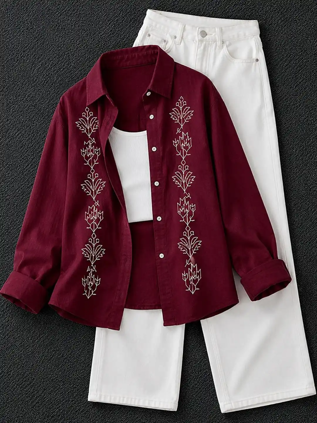 Maroon Placket Embroidered Long-Sleeve Shirt, Cami, and Trouser Three-Piece Set