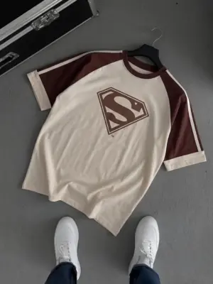 Brown and Cream Raglan Sleeve Graphic Tee with Shield Logo