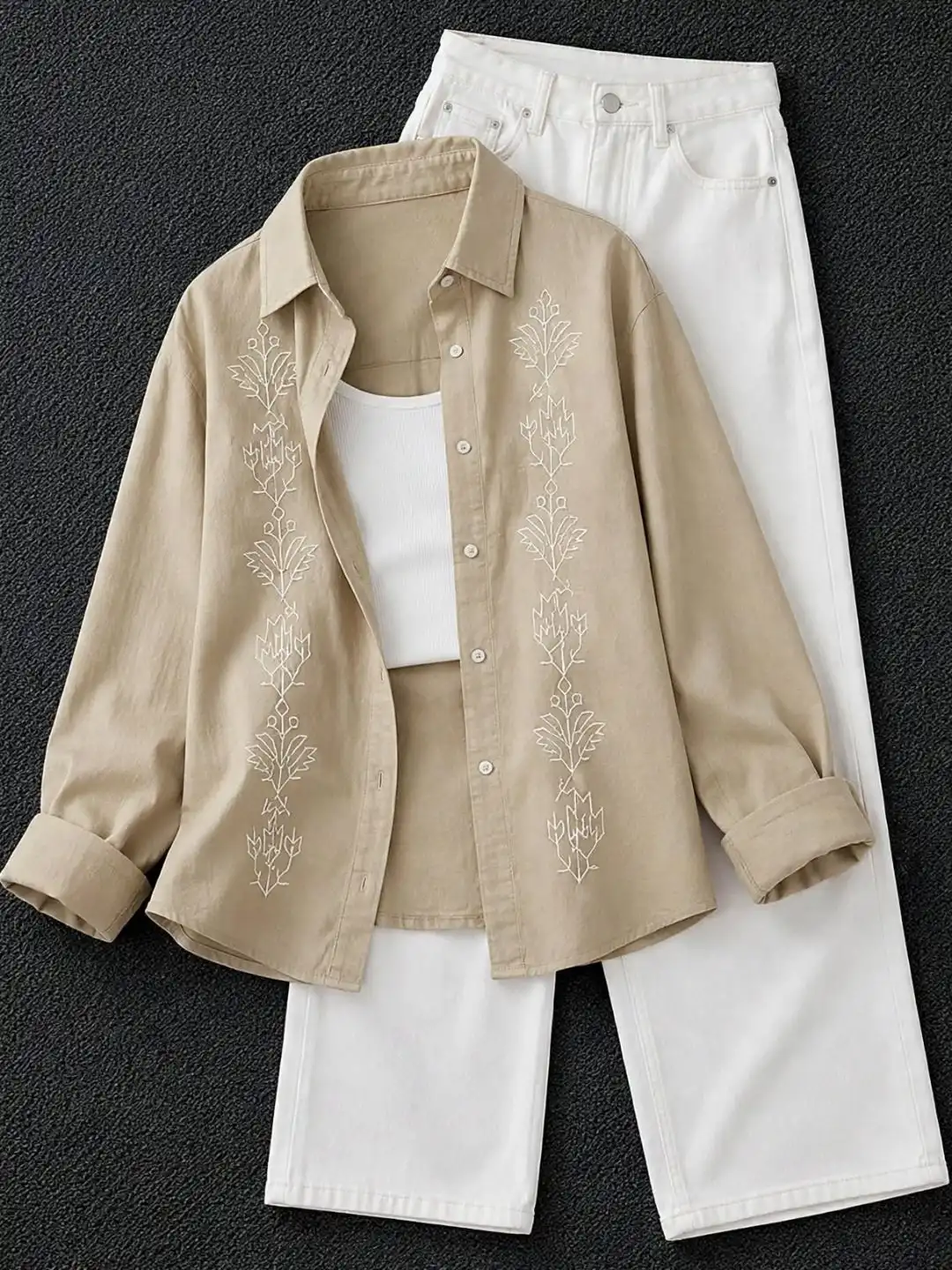 Maroon Placket Embroidered Long-Sleeve Shirt, Cami, and Trouser Three-Piece Set - Image 3