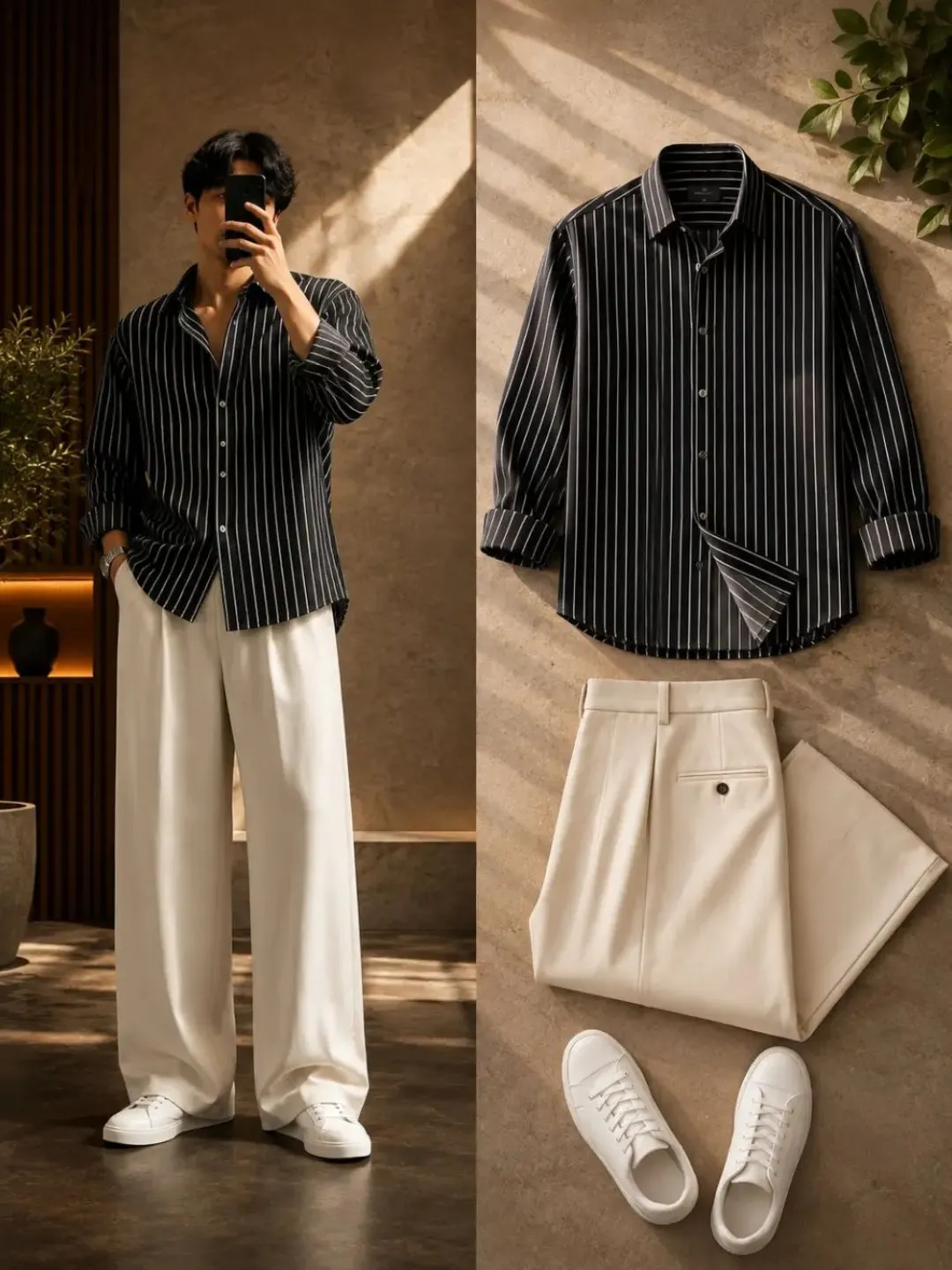 Sky Blue Striped Button-Down Shirt and Cream Trouser Combo - Image 2