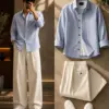 Sky Blue Striped Button-Down Shirt and Cream Trouser Combo