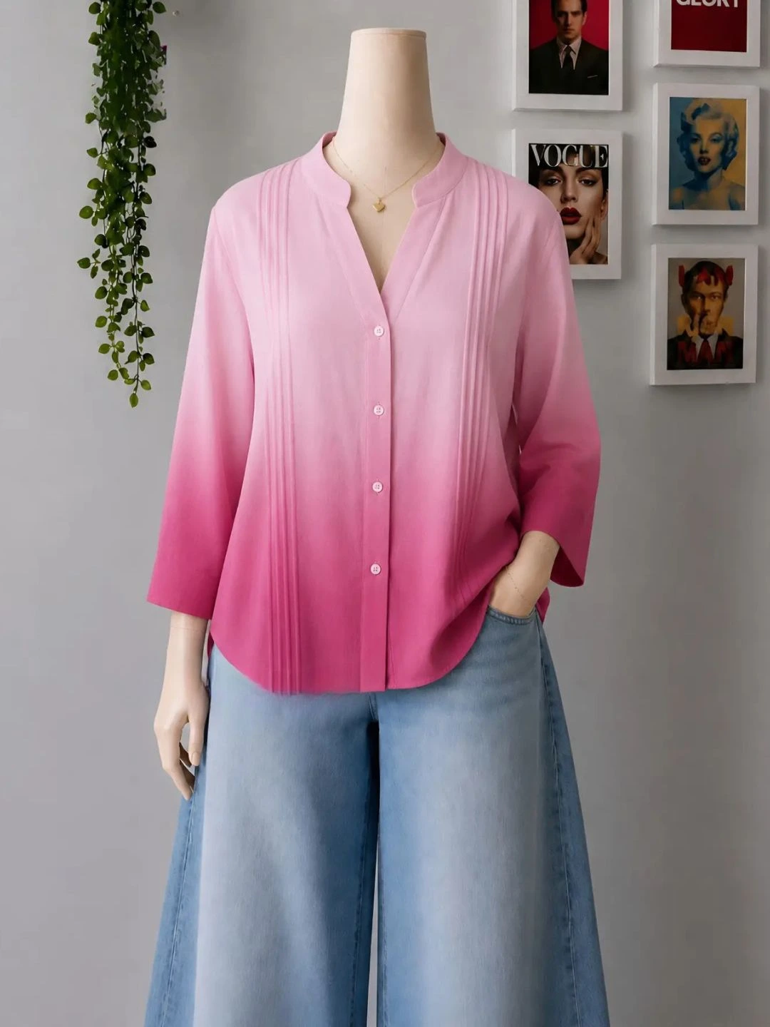 Dark Denim Bow Embroidered Shirt and Light Blue Wide-Leg Trouser Set - Image 3
