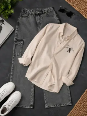 Mountain Embroidered Beige Shirt and Dark Grey Cargo Denim Co-Ord Set