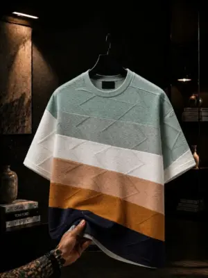 Multicolored Striped Textured Knit Short-Sleeve T-Shirt