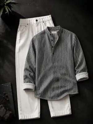 Charcoal Grey Striped Mandarin Collar Shirt and Off-White Trouser Ensemble