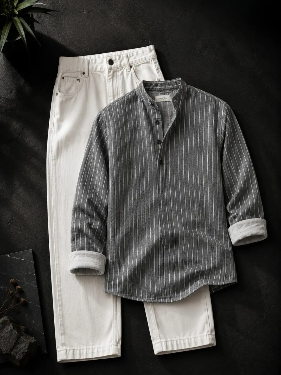 Charcoal Grey Striped Mandarin Collar Shirt and Off-White Trouser Ensemble