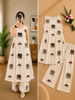Ivory Elephant and Parasol Printed Sleeveless Kurti with Pant Set