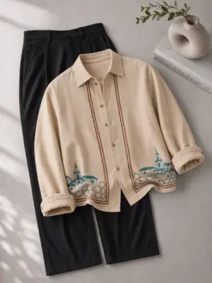 Beige Townscape Embroidered Long-Sleeve Shirt and Black Trouser Set