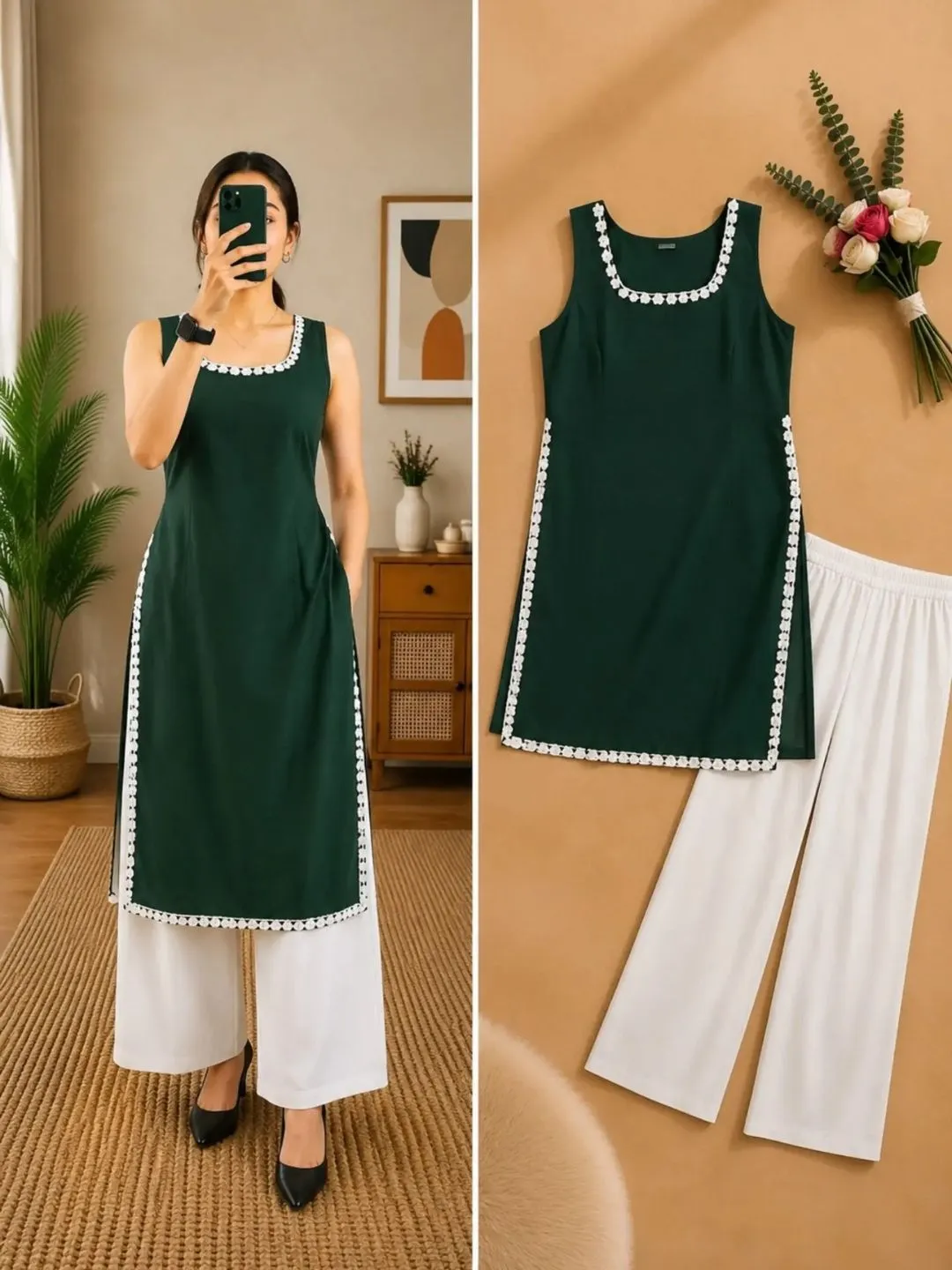 Ivory Elephant and Parasol Printed Sleeveless Kurti with Pant Set - Image 6