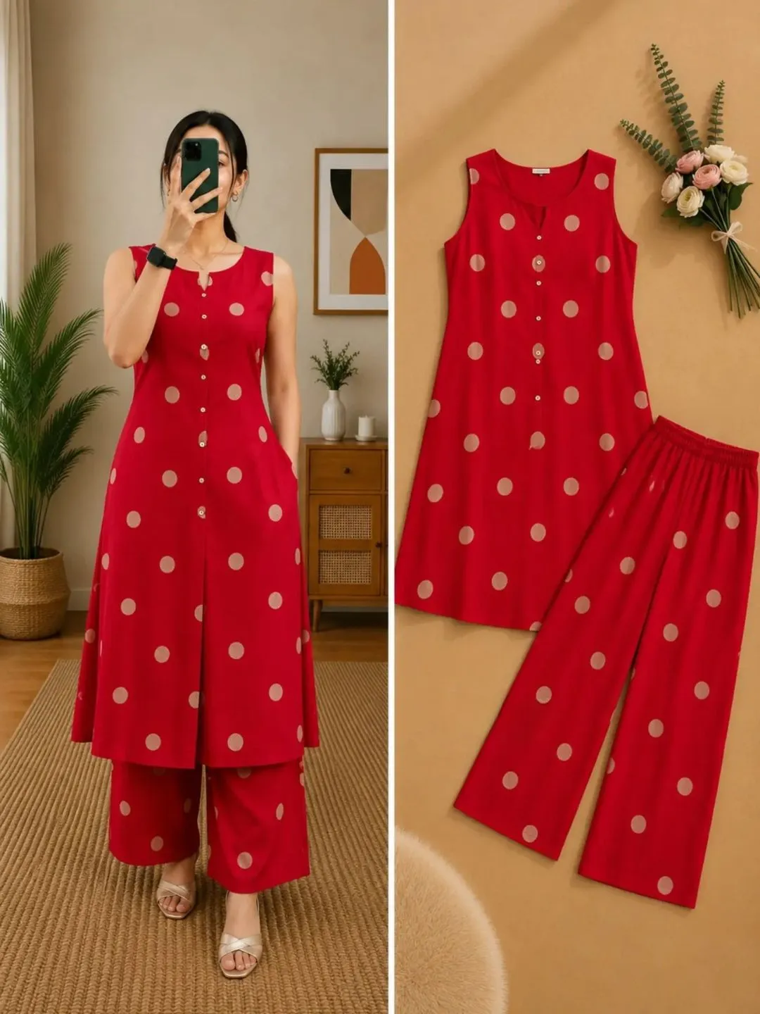 Ivory Elephant and Parasol Printed Sleeveless Kurti with Pant Set - Image 4